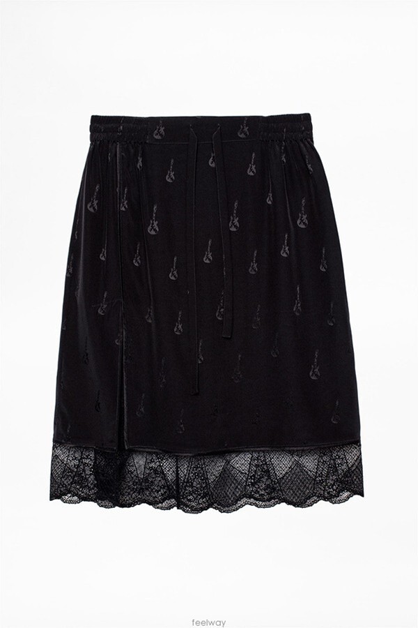 Pre-owned Zadig & Voltaire $285 Zadig&voltaire Jillian Jacquard Guitar Silk Lace Hem Midi Skirt Size 36 In Black