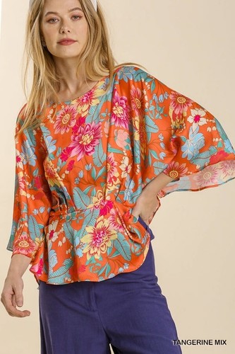 Umgee Womens XL Floral Silky Peplum Kimono Top Blouse