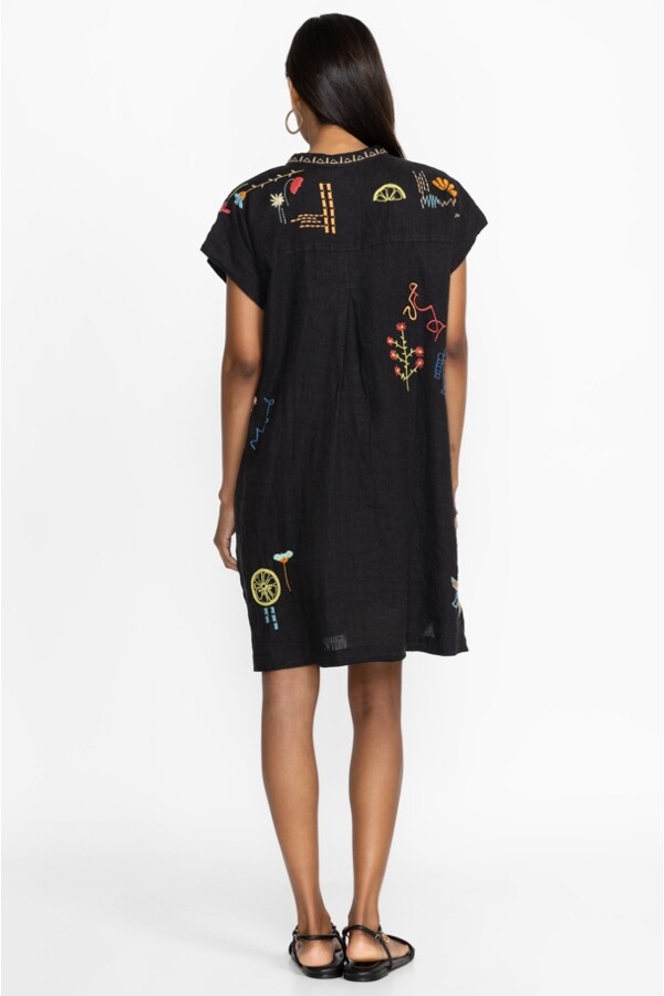 Pre-owned Johnny Was Lemona Dress Floral Embroidery Linen Black Button Front Flowers