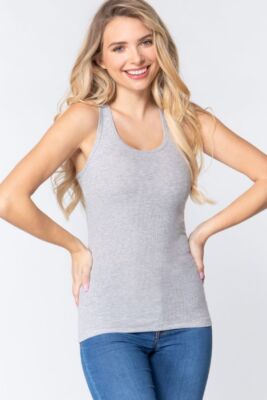 Round Neck Racerback Ribbed Tank Top Soft Stretch Thin Cotton Fitted Sleeveless