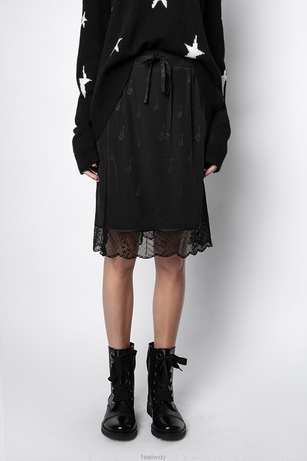 Pre-owned Zadig & Voltaire $285 Zadig&voltaire Jillian Jacquard Guitar Silk Lace Hem Midi Skirt Size 36 In Black