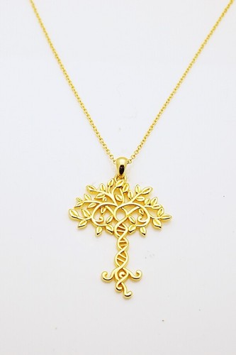 Sterling Silver Gold Tone Molecular Motif DNA Tree of Knowledge Pendant Necklace