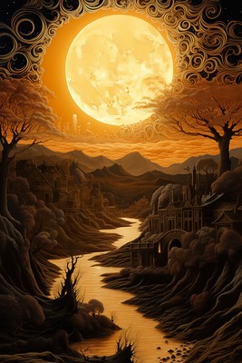 MOON LANDSCAPE FINE ART PRINT, Magical Forest Wall Decor, Fantasy  River Poster