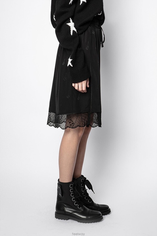 Pre-owned Zadig & Voltaire $285 Zadig&voltaire Jillian Jacquard Guitar Silk Lace Hem Midi Skirt Size 36 In Black