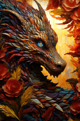 RED DRAGON SURREAL FANTASY ART PRINT, Magical Flowers Wall Art Home Decor Poster