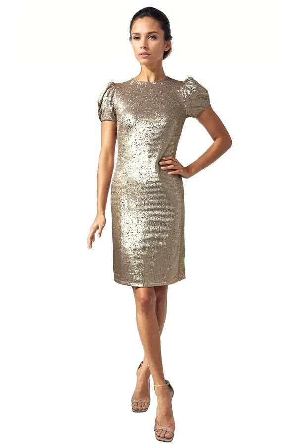 RENE Rene Ruiz Puff Sleeve Sequin Cocktail Dress Women's 8 Gold Back Zip Closure - Picture 1 of 17