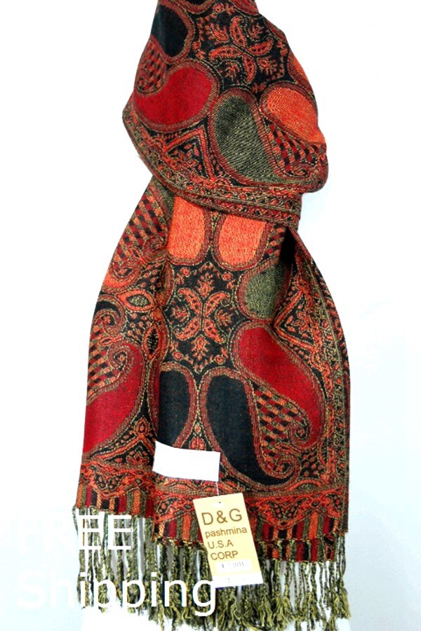 Pashmina Scarf Wrap Shawl,Paisley Red Black Green Silk Cashmere*Trendy-029