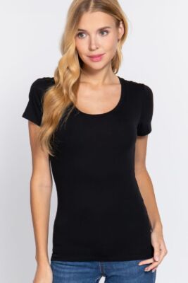 Round Scoop Neck Short Sleeve Basic Top Soft Stretch Cotton Fitted T-Shirt Tee