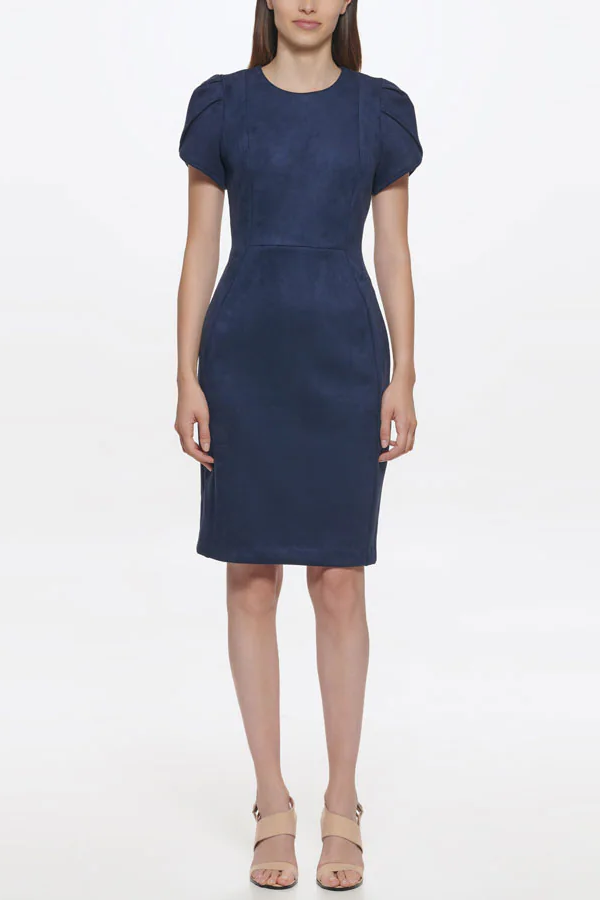 NEW Calvin Klein $129 Faux Suede Tulip Sleeve Navy Sheath Dress Size 12