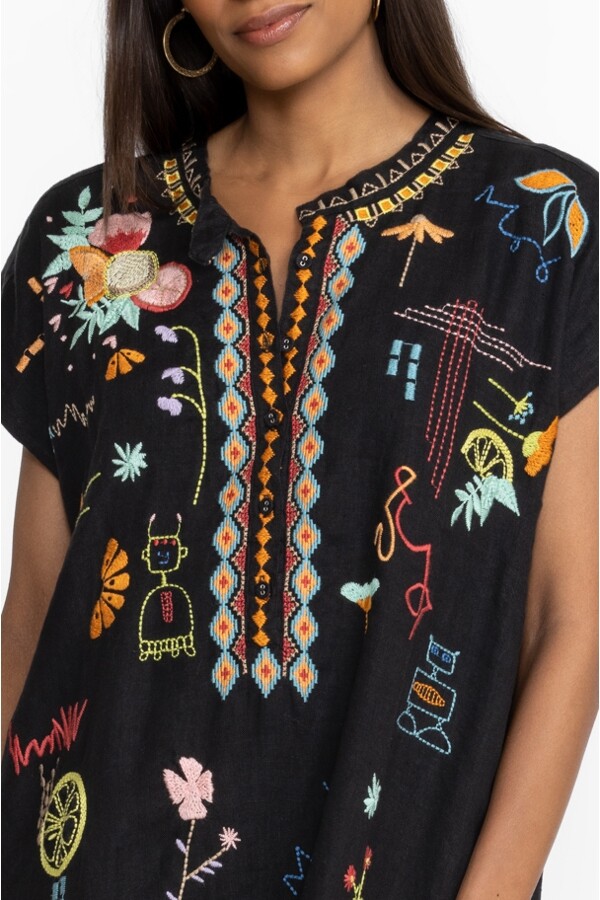 Pre-owned Johnny Was Lemona Dress Floral Embroidery Linen Black Button Front Flowers