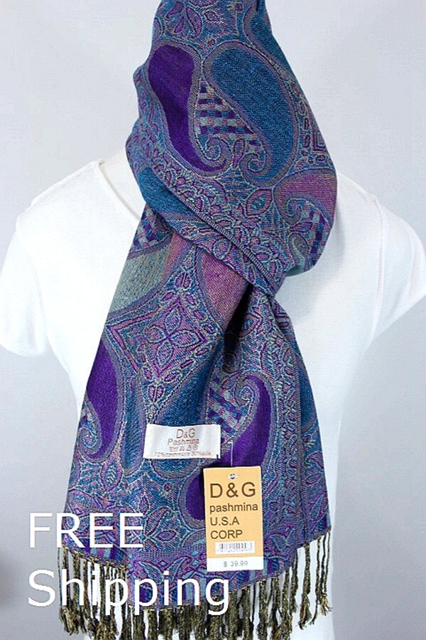 DG Women's Pashmina Scarf Wraps,Paisley Blue Purple Pink,Silk Cashmere*Soft