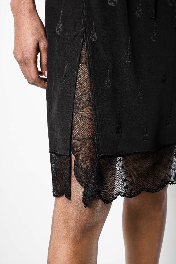 Pre-owned Zadig & Voltaire $285 Zadig&voltaire Jillian Jacquard Guitar Silk Lace Hem Midi Skirt Size 36 In Black