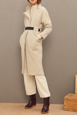 BA&SH BASH Ecru Ivory Wool Belted COME Midi Straight Slim Coat 0 XS
