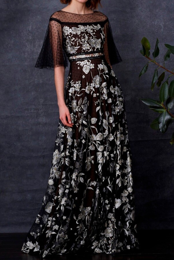 Pre-owned Marchesa Notte $1095  Sheer Sleeve Gold Embroidered Gown Black Dress 2 6 8 12