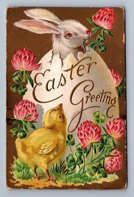 Bunny Baby Chick Egg Shell Flowers Embossed Vintage Easter Postcard