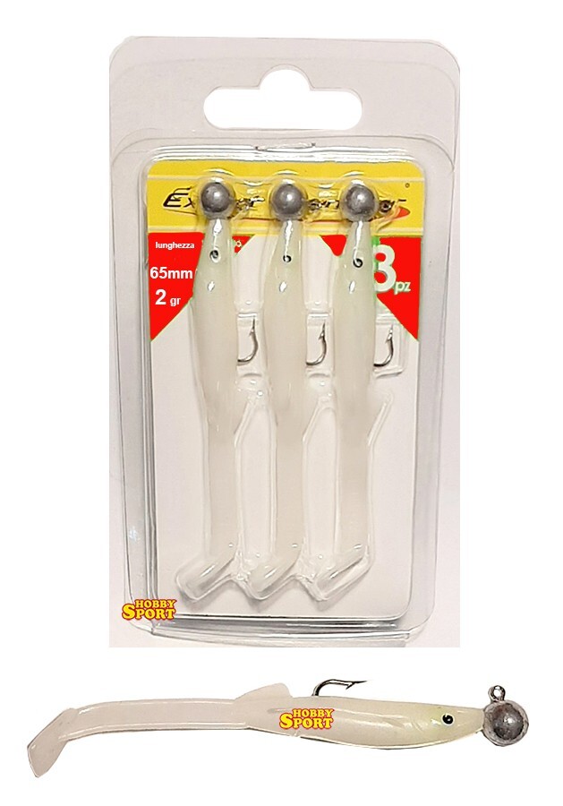 RAGLOU + JIG HEAD 2 gr COL. GLOW 65mm ESCA SILICONICA EXPERT PLASTIC SOFT 3 PZ