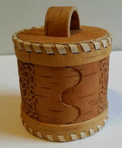 Handcrafted Russian Birch Bark Bear Forest Decorated Canister Lidded Trinket Box