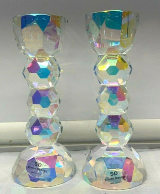 Simon Design Iridescent 2 pcs set Candle Holder Faceted Candlestick 5'' New