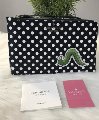 New Kate Spade enchanted forest inchworm polka dots medium l-zip wristlet Great 