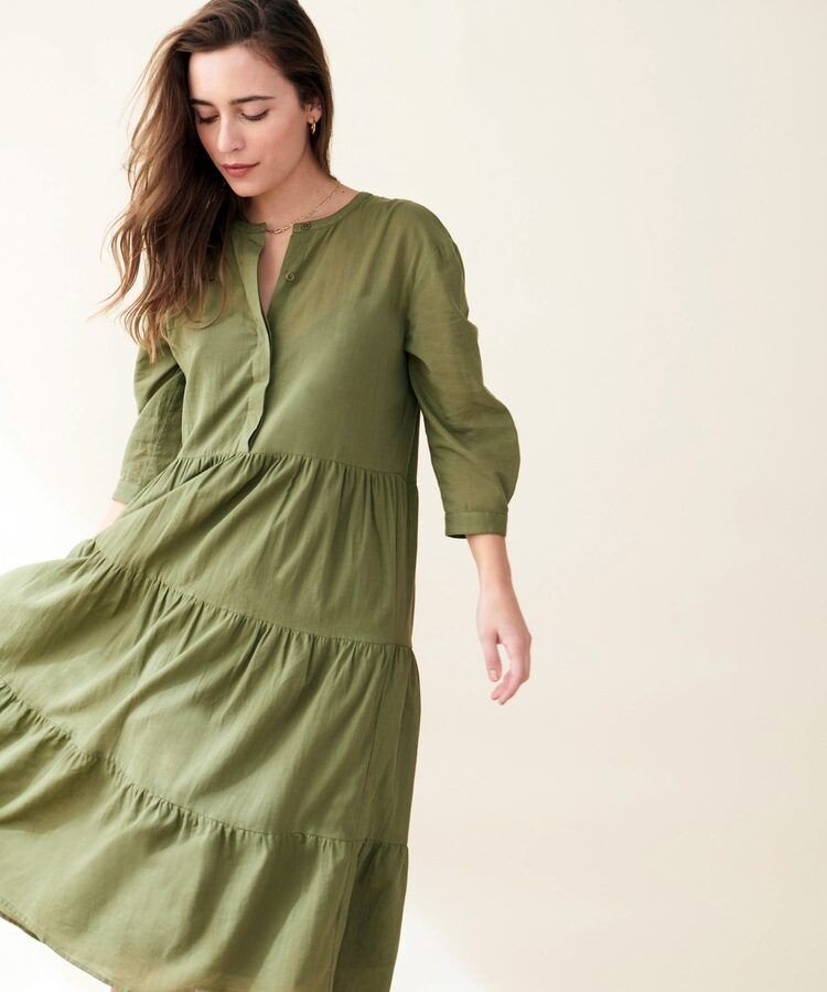 Pre-owned Jenni Kayne James Tiered A-line Dress 3/4 Sleeve Moss Green Xs