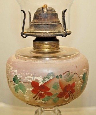 Antique Patd' 1683 & 1773 HAND PAINTED Flowers Font Kerosene Oil Table Lamp GWTW