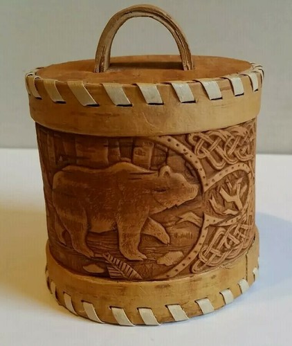 Handcrafted Russian Birch Bark Bear Forest Decorated Canister Lidded Trinket Box
