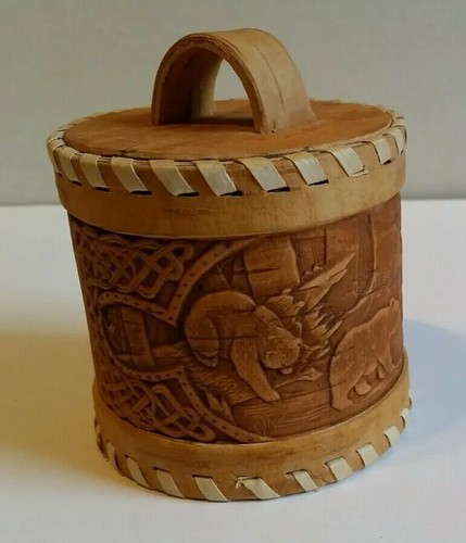 Handcrafted Russian Birch Bark Bear Forest Decorated Canister Lidded Trinket Box