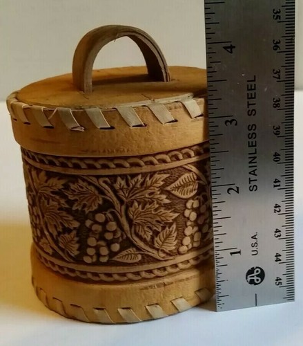 Handcrafted Russian Birch Bark Grape Vine Leaf Decorated Canister Or Trinket Box