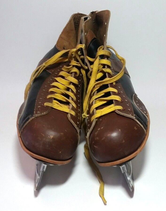 50s Hockey Ice Skates Black Brown Mens Size 10 JC Higgins Leather Vtg MCM Cabin