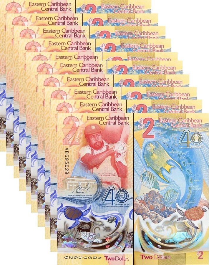 East Caribbean 2 Dollars 2023 2024 40th P 61 Polymer UNC LOT 10 Pcs NHB