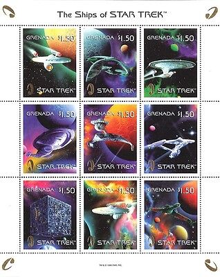 Grenada 1999 - Star Trek Ships - Sheet of 9 Stamps Gold Logo Scott #2886 - MNH