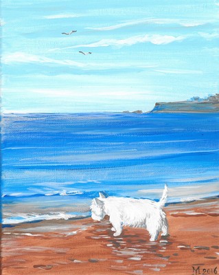 8X10 PRINT OF PAINTING RYTA WEST HIGHLAND TERRIER WESTIE SEASCAPE OCEAN folk art