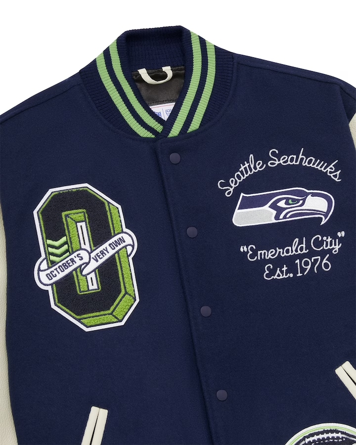 NWT Men's OVO x NFL College Navy Seattle Seahawks Full-Snap Varsity Jacket XL