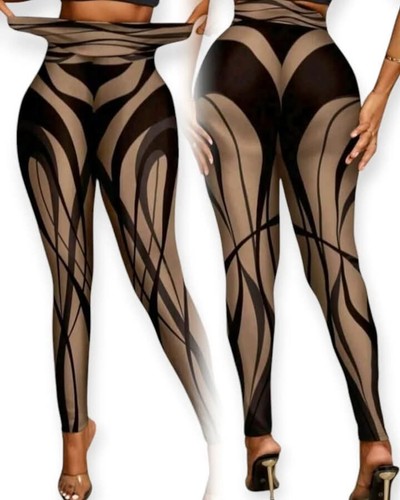Women's Allover Print, Striped, Sheer Contrast Full Length Leggings Medium NEW