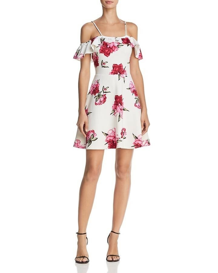Aqua 146024 Women's Floral Print Cold-Shoulder Dress Color White/Pink Sz M