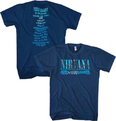 Nirvana-Kurt Cobain-Nevermind with Tracklsit Backprint - Navy Blue  t-shirt