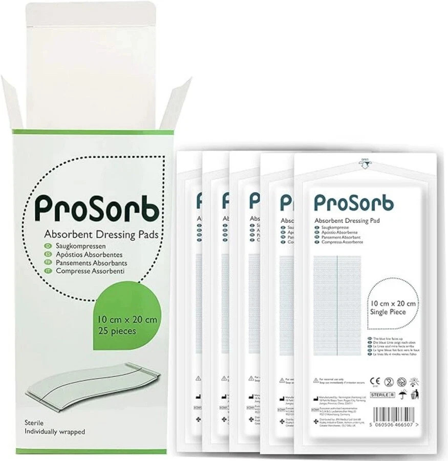 Prosorb Sterile Absorbent Wound Dressing Pads 10cm x 20cm Pack of 25 Pieces