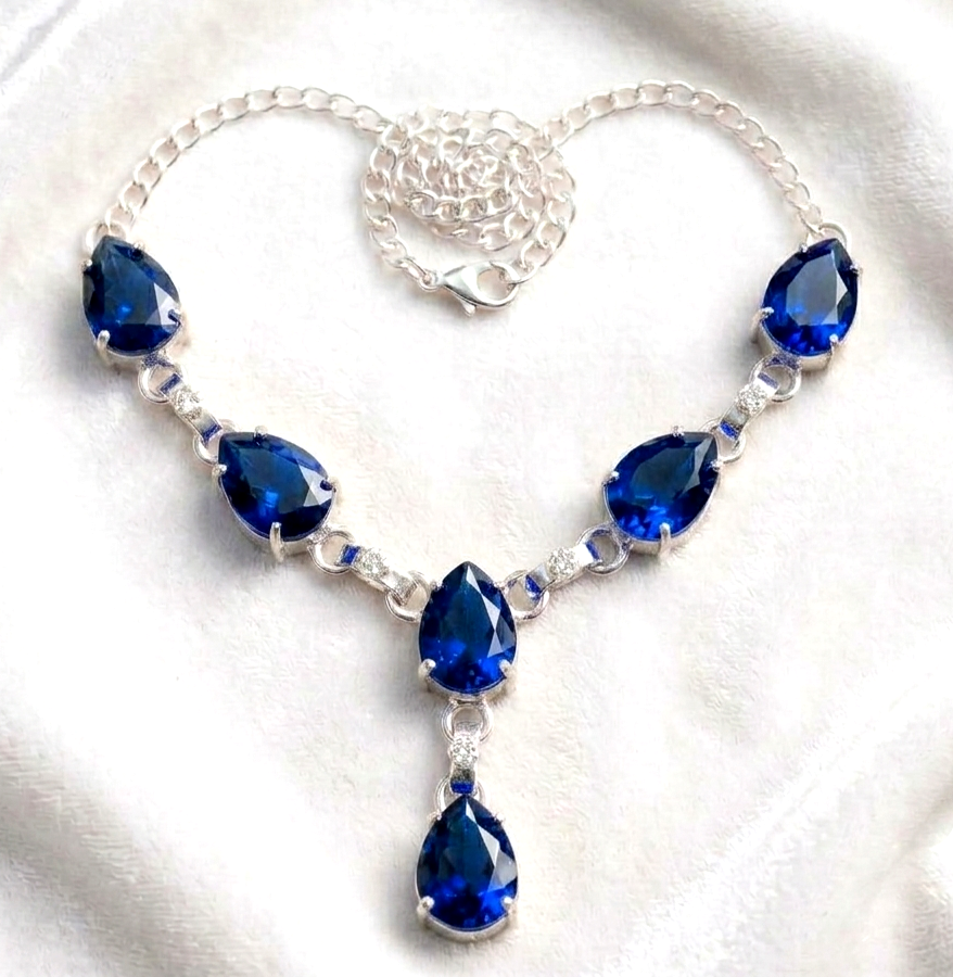 Sapphire(Lab-Created) Gemstone 925 Sterling Silver Handmade Jewelry Necklace 18"