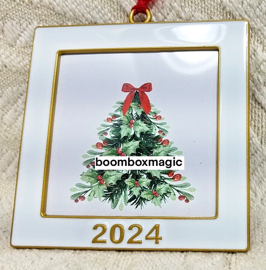 2024 CHRISTMAS TREE ORNAMENT PHOTO PICTURE FRAME ENAMEL WHITE & GOLD SQUARE 2.5"