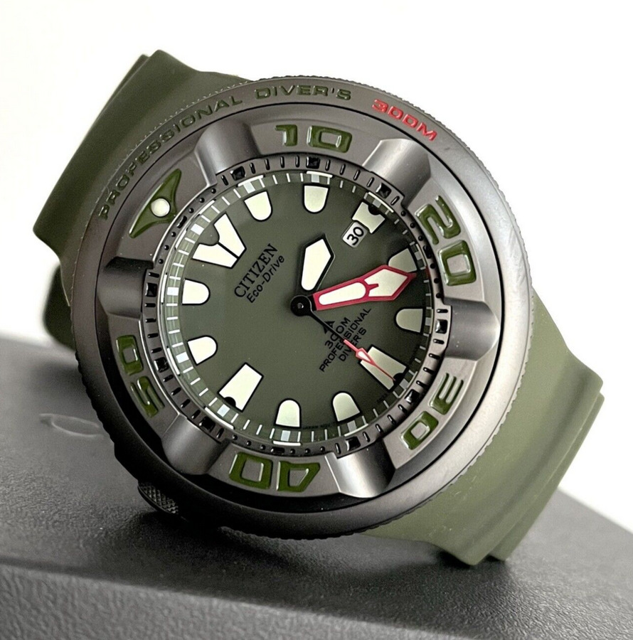 Pre-owned Citizen Promaster Green Dial Dive Watch Polyurethane Band Eco-drive Bj8057-09x