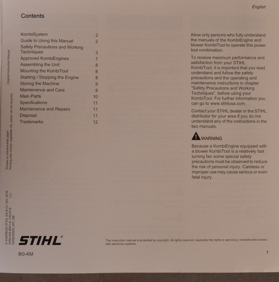 Stihl BG-KM Blower KM Attachment Owners Operators Manual KM131 KM90 KM91 KM130