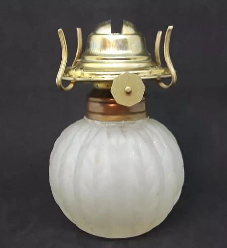 Vintage Miniature White Frosted Oil Lamp Ribbed Wheat Pattern Font