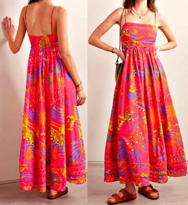 Farm Rio Magic Forest Tropical Print 100%Lightweight Cotton Maxi Dress sz S $235