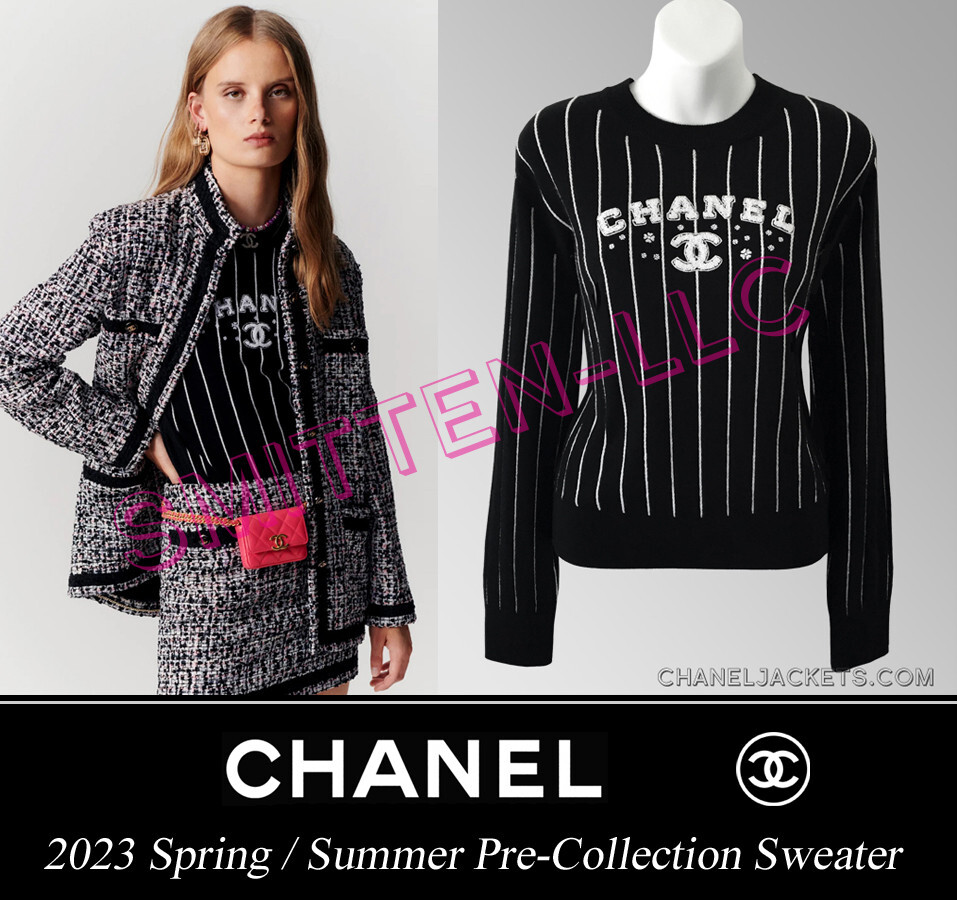 $3,400 CHANEL 23P Black & White Striped Cashmere CC SWEATER
