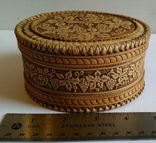 Handcrafted Russian Birch Bark Grape Vine Leaf Decorated Jewelry Or Trinket Box