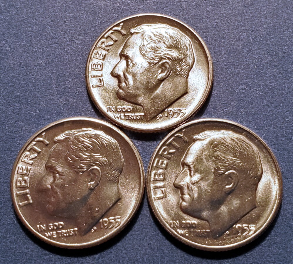 1955 PDS (3 coins) Roosevelt Dimes from original BU rolls - 98 sets sold