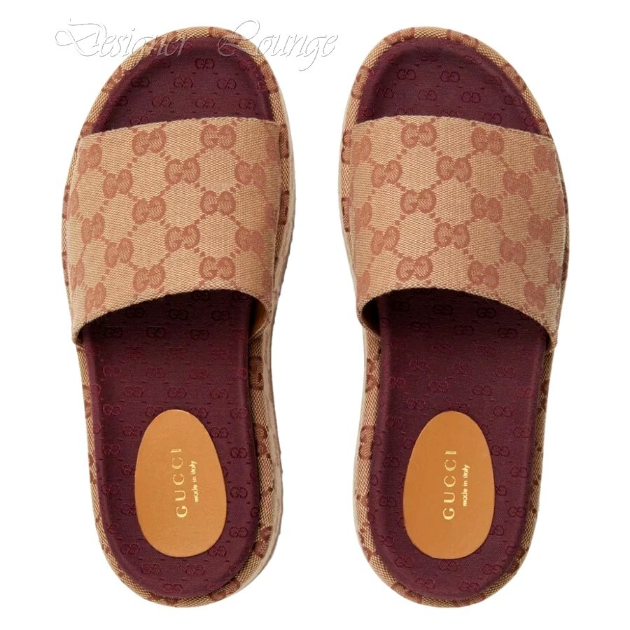 Pre-owned Gucci Angelina Gg Beige Monogram Platform Slide Sandals Size Eu 38 Us 8