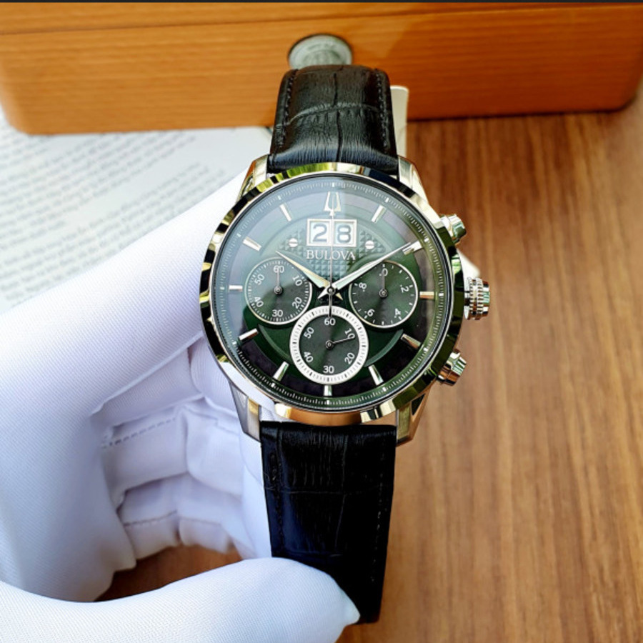 Pre-owned Bulova Sutton Green 96b310 Dial Black Band Chronograph Men's Watch