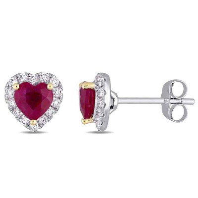 Pre-owned Amour Heart Shape Ruby And 1/3 Ct Tw Diamond Halo Stud Earrings In 14k White
