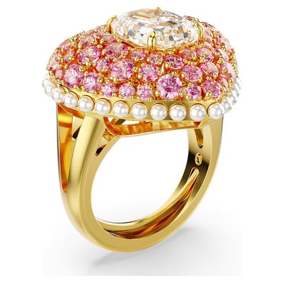 Pre-owned Swarovski Idyllia Cocktail Ring, Crystal Pearls, Heart Pink 5690058 Size 50-55
